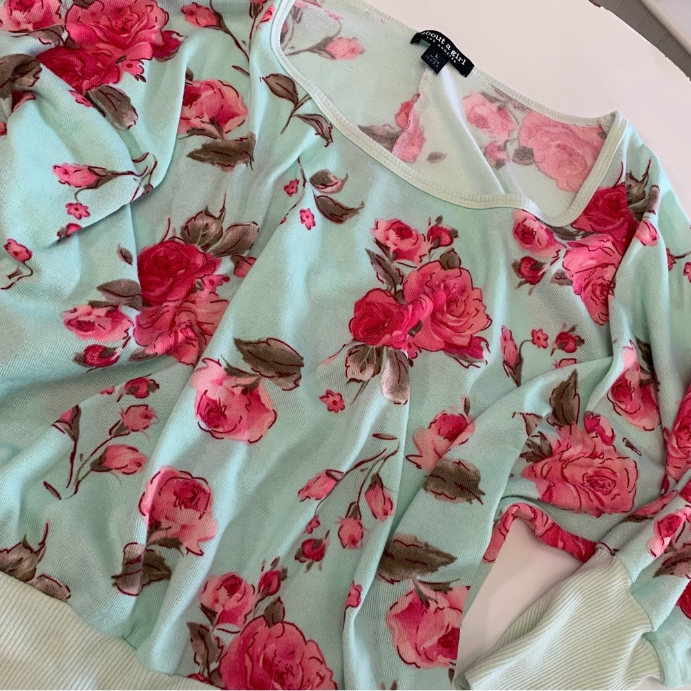 Sea Foam Green & Roses Lightweight Knit Top - Picture 5 of 8